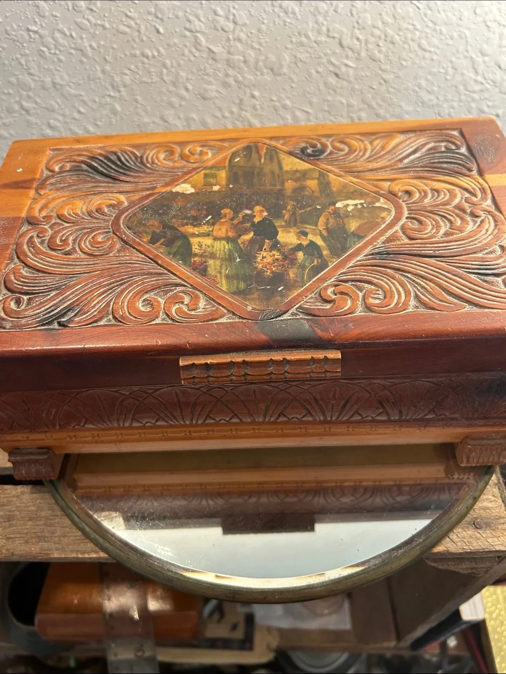 Hand-Carved Wooden Decorative Cedar Box in Warm Brown and Tan Cottage Core